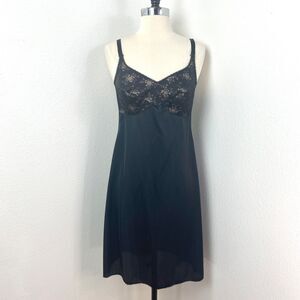 Vtg 60s Gossard Artemis Black Full Slip Size 36 Nylon Lace Knee Length Lingerie
